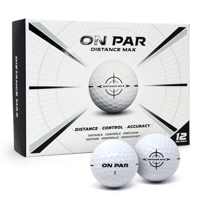 On Par Distance Max golf balls with packaging on a white background
