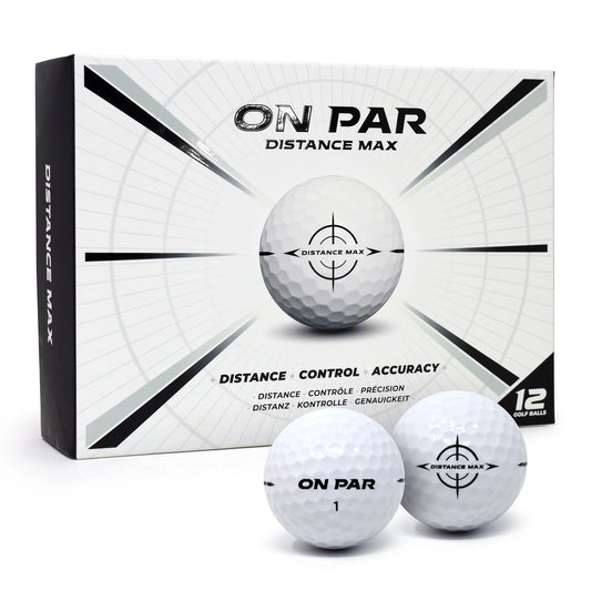 On Par Distance Max golf balls with packaging on a white background