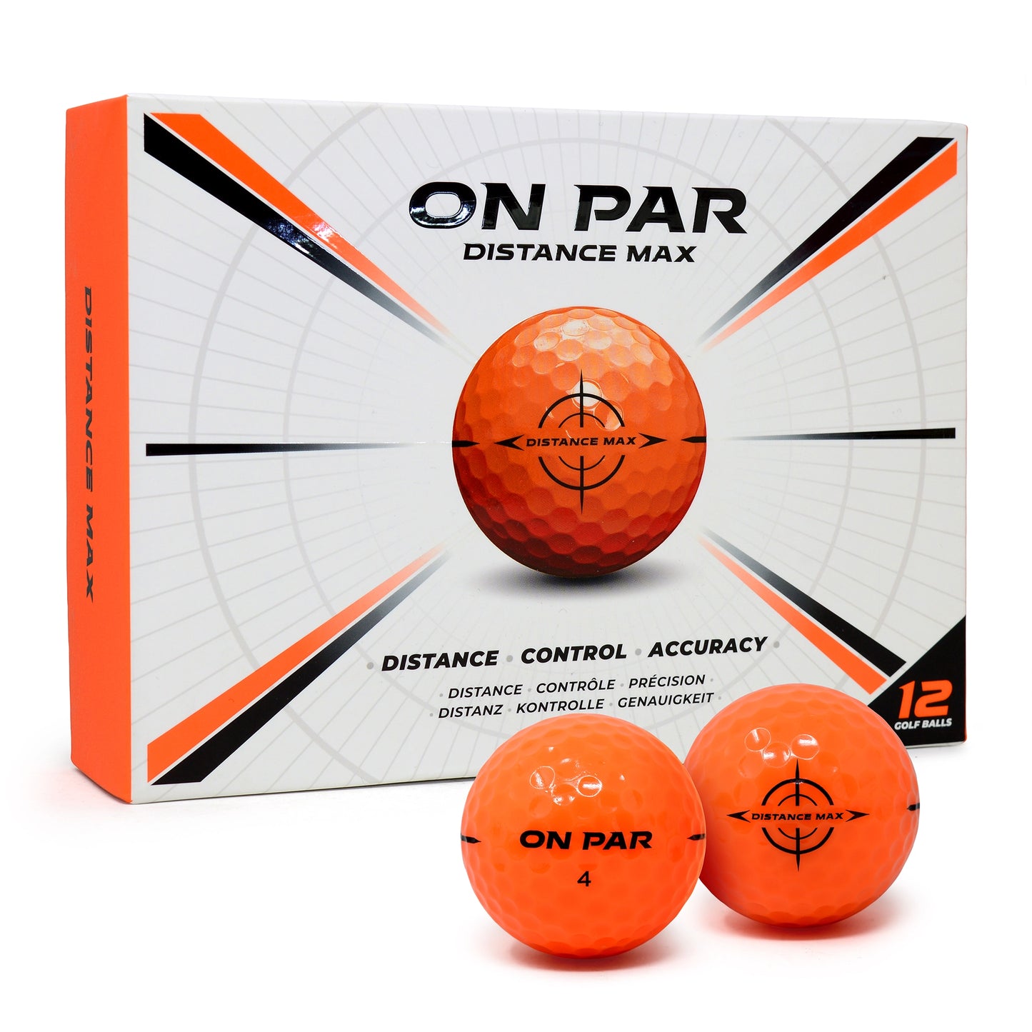 Box of On Par Distance Max golf balls with two balls in front on a white background