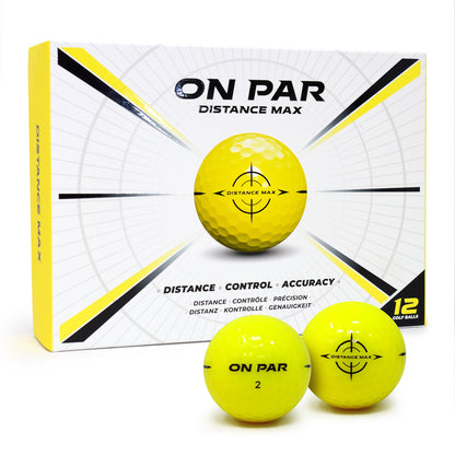 Yellow golf balls with 'On Par' branding and packaging on a white background