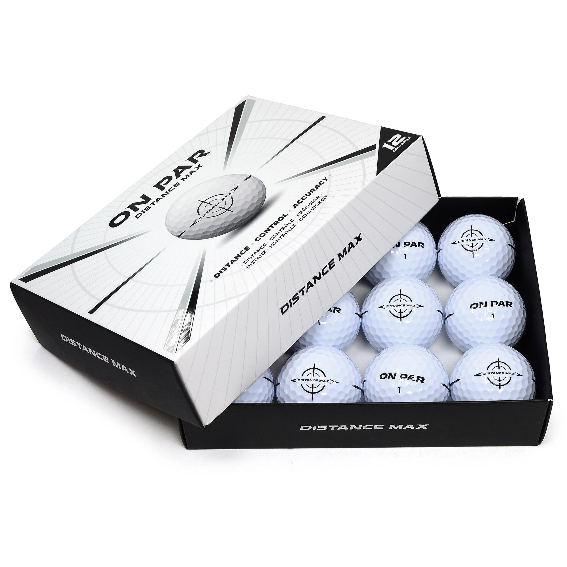 Box of On Par Distance Max golf balls on a white background