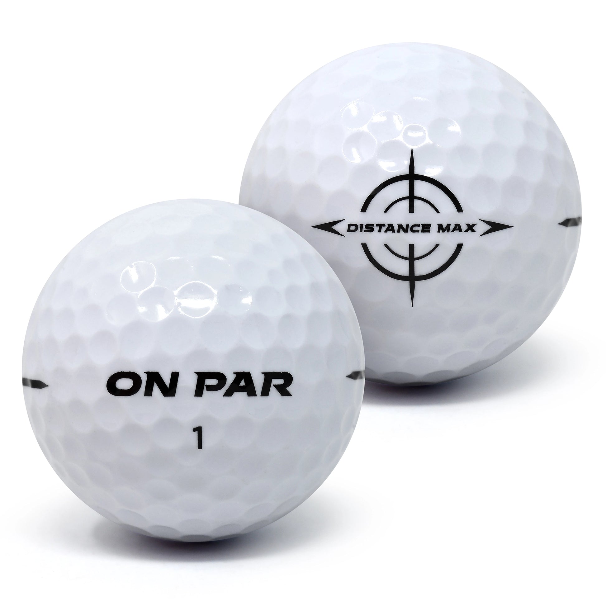 Two golf balls with 'ON PAR' and 'DISTANCE MAX' branding on a white background