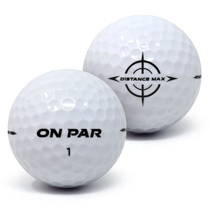 Two golf balls with 'ON PAR' and 'DISTANCE MAX' branding on a white background