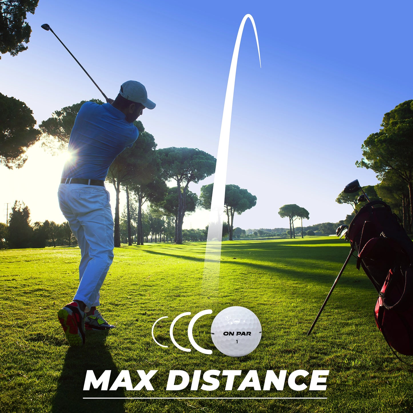 Golfer in action on a golf course with 'Max Distance' text and logo.