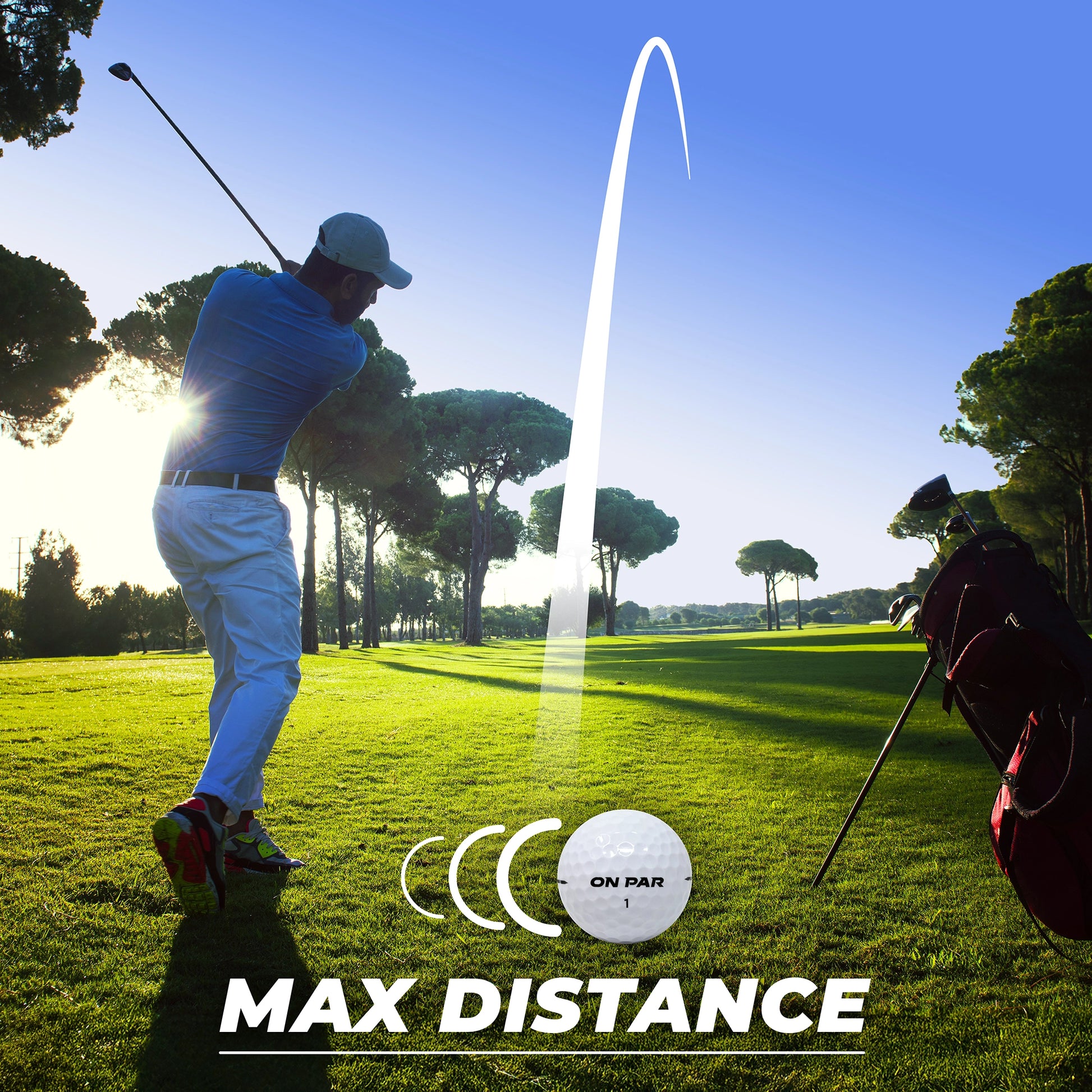 Golfer in action on a golf course with 'Max Distance' text and logo.