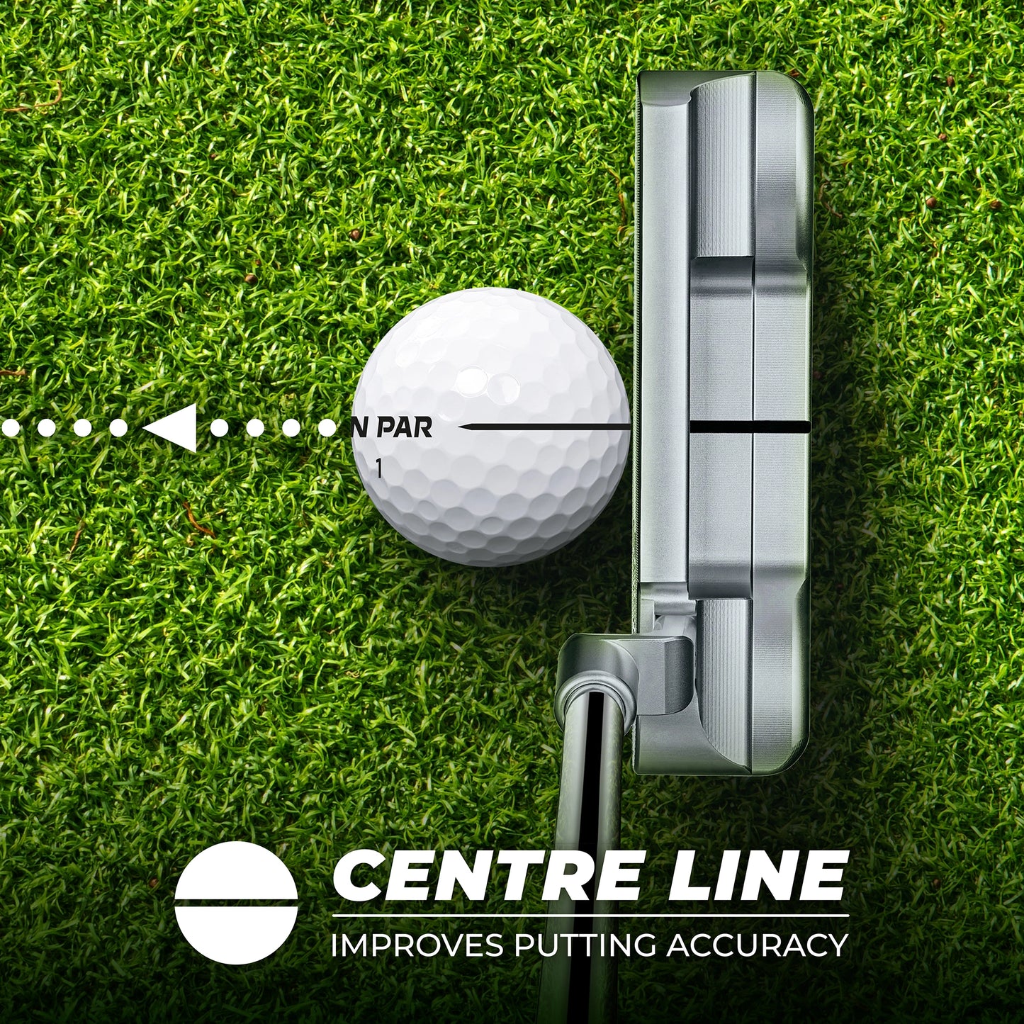 Golf putter and ball on grass with 'Centre Line' branding