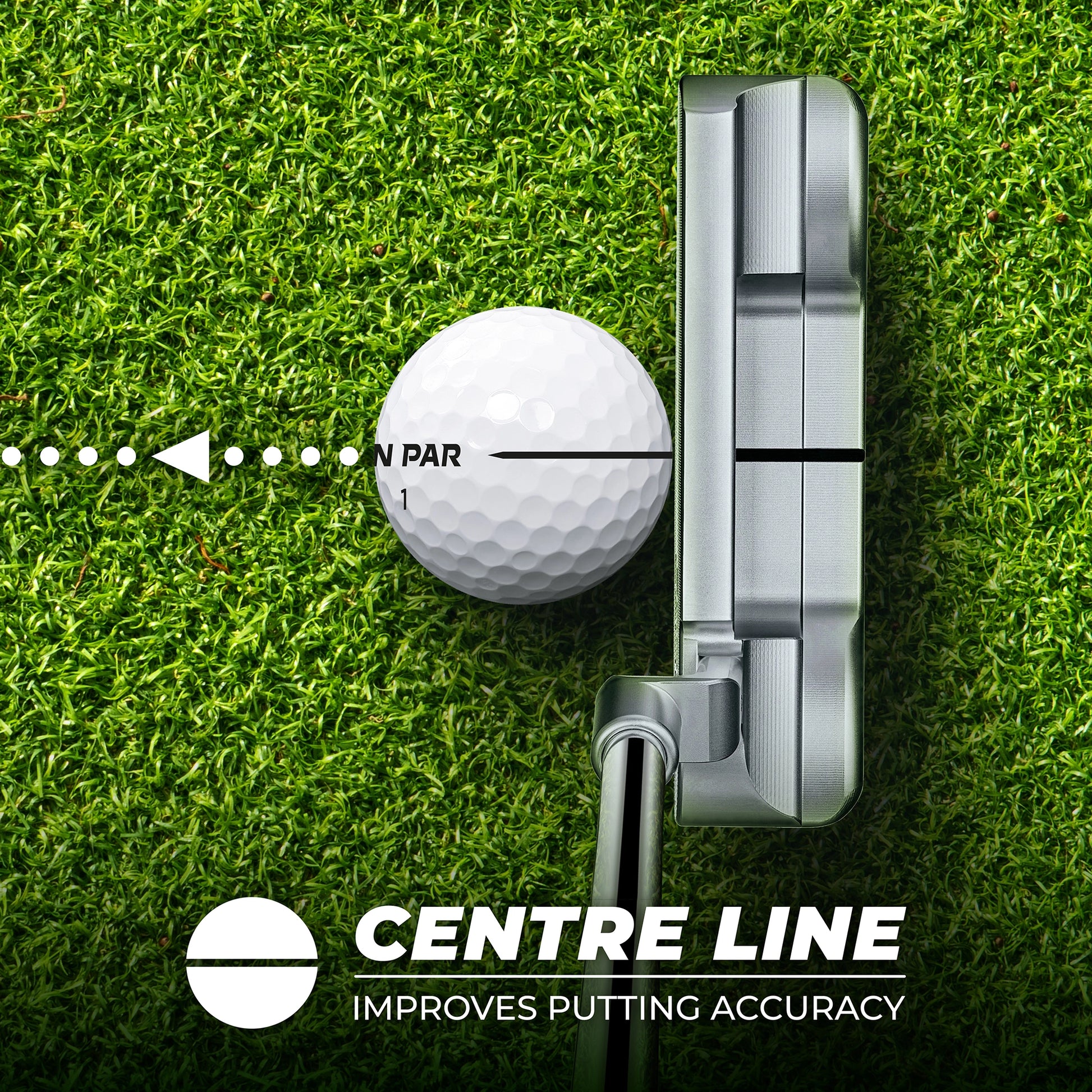 Golf putter and ball on grass with 'Centre Line' branding