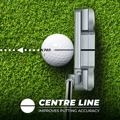 Golf putter and ball on grass with 'Centre Line' branding