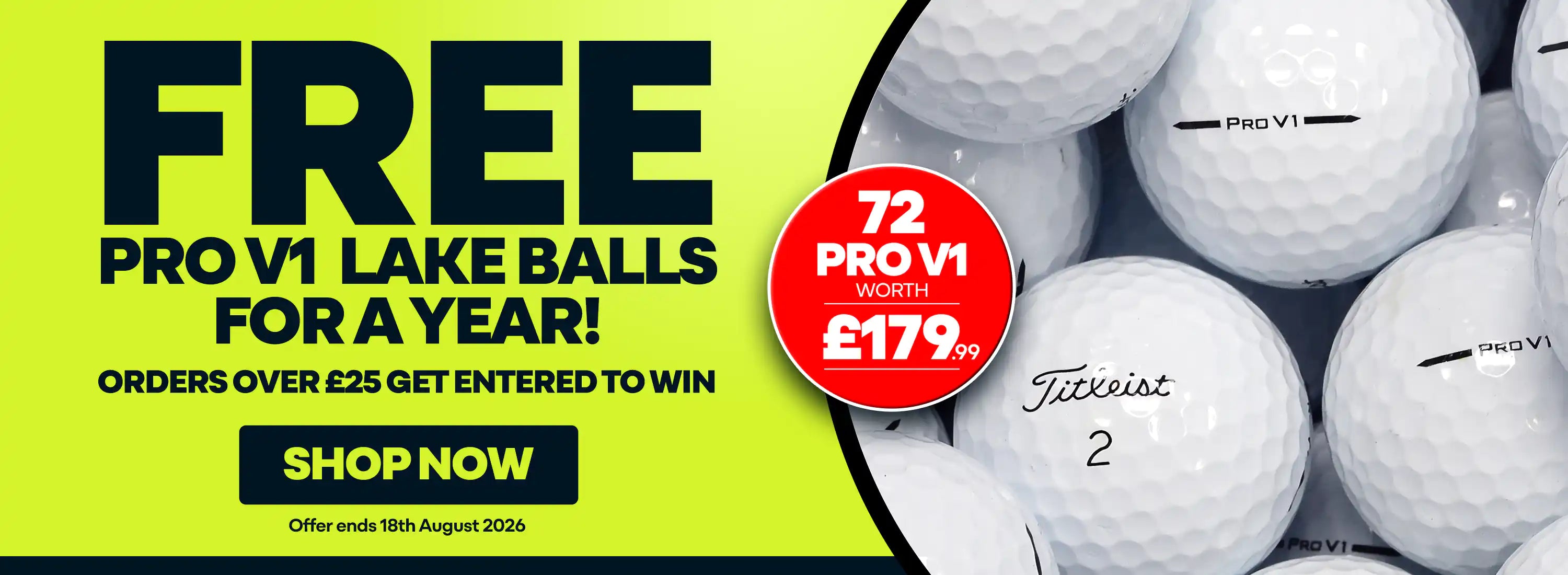 Promotional banner for free Pro V1 Lake Balls with a price tag and 'Shop Now' button.