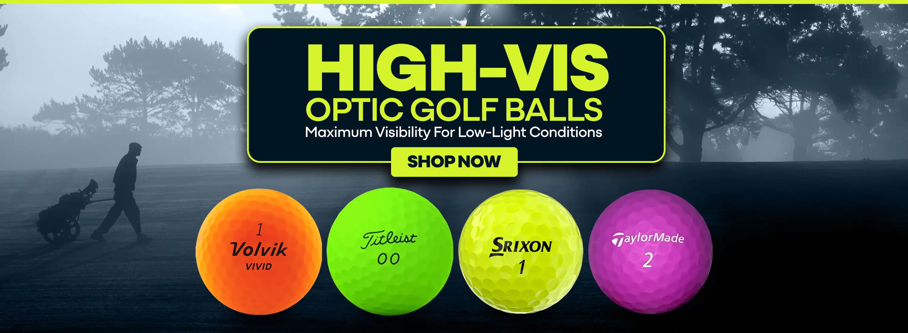 Advertisement for high-visibility optic golf balls with four colored golf balls displayed.