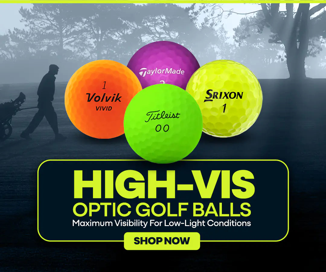 Four golf balls from different brands with a promotional text about high-visibility optic golf balls.