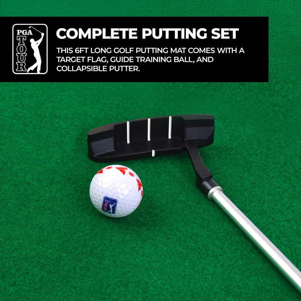PGA TOUR 6ft Putting Mat with Collapsible Putter