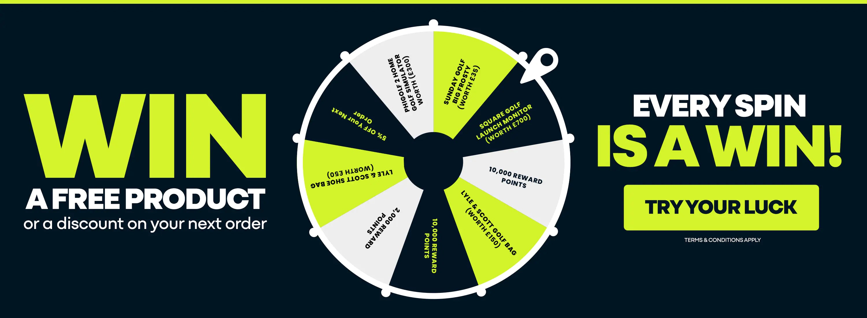 Wheel of fortune with text promoting a free product or discount on next order.